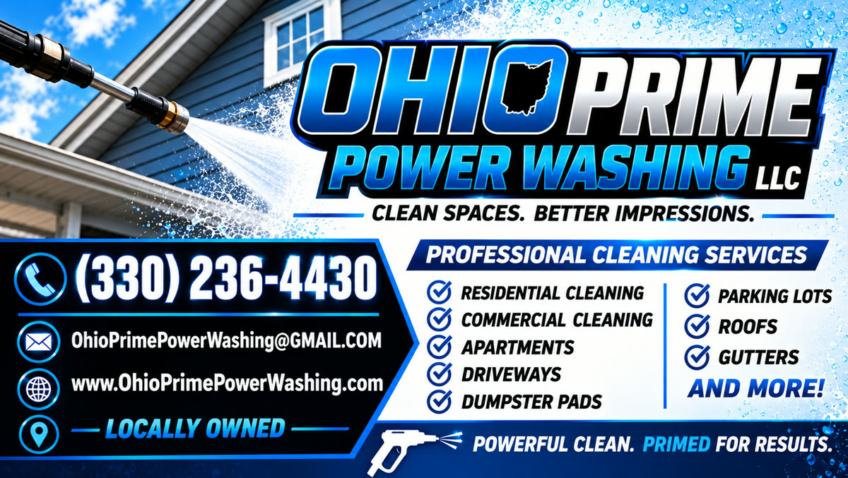 Ohio Prime Power Washing LLC business card: (330) 236-4430, OhioPrimePowerWashing@gmail.com, residential and commercial cleaning services