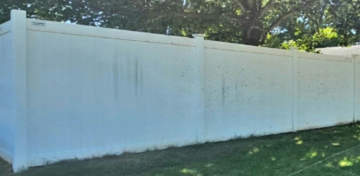 White vinyl privacy fence with green algae streaks and dark spots before cleaning