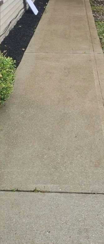The same concrete walkway restored to clean light gray after power washing